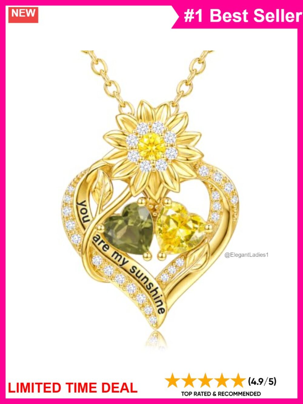 14K Gold Sunflower Double Birthstone Heart Pendant Necklace